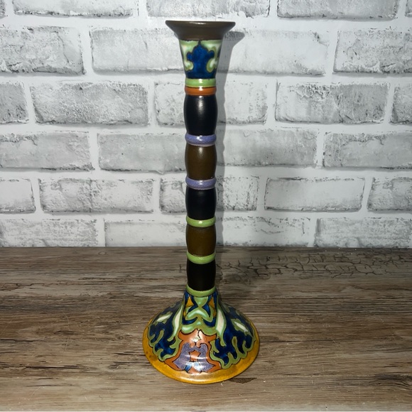 Vintage Gouda Holland Pottery Candlestick 11.5” Folk Art Signed - Picture 6 of 11